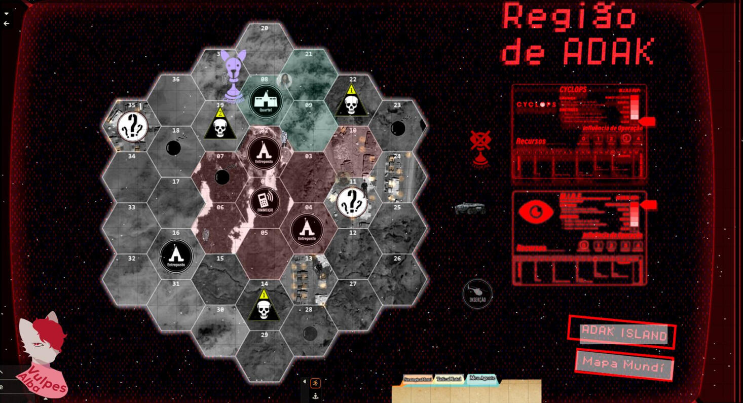 An abstract map of the Island of Adak fully explored grid system by players